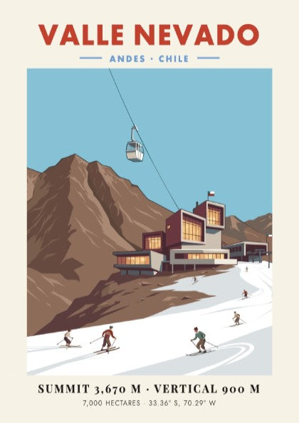 Valle Nevado ski resort poster featuring vintage style with mountains and skiers in warm colors