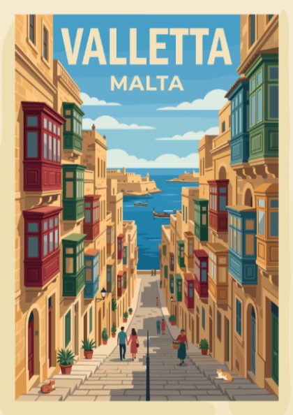 Valletta Malta travel poster featuring colourful wooden balconies on stone buildings near blue water.