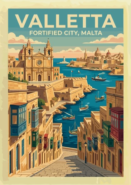 Travel poster of Valletta featuring historic stone buildings, wooden balconies, and boats in harbour.