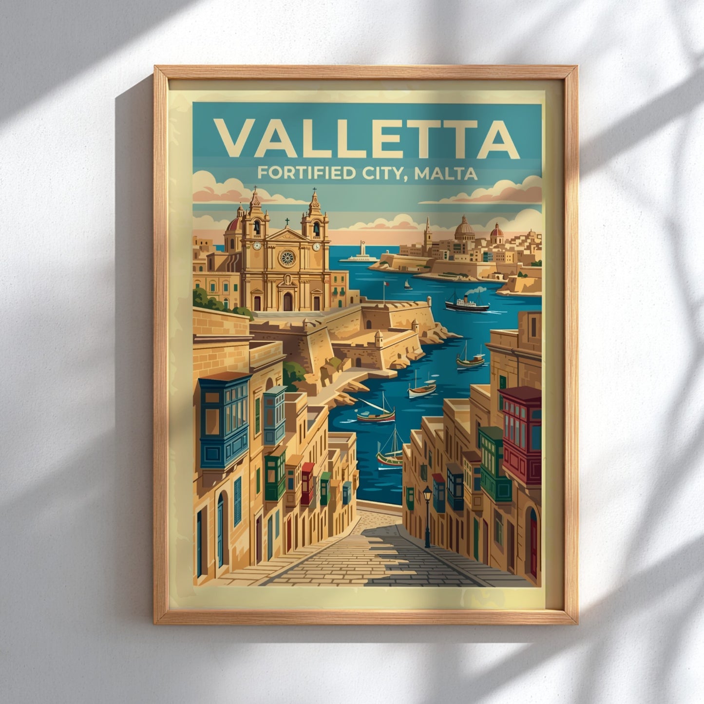 Travel poster of Valletta featuring historic stone buildings, wooden balconies, and boats in harbour.