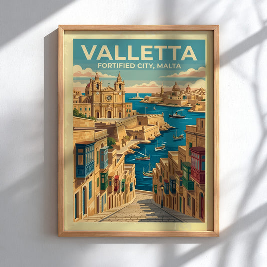 Travel poster of Valletta featuring historic stone buildings, wooden balconies, and boats in harbour.
