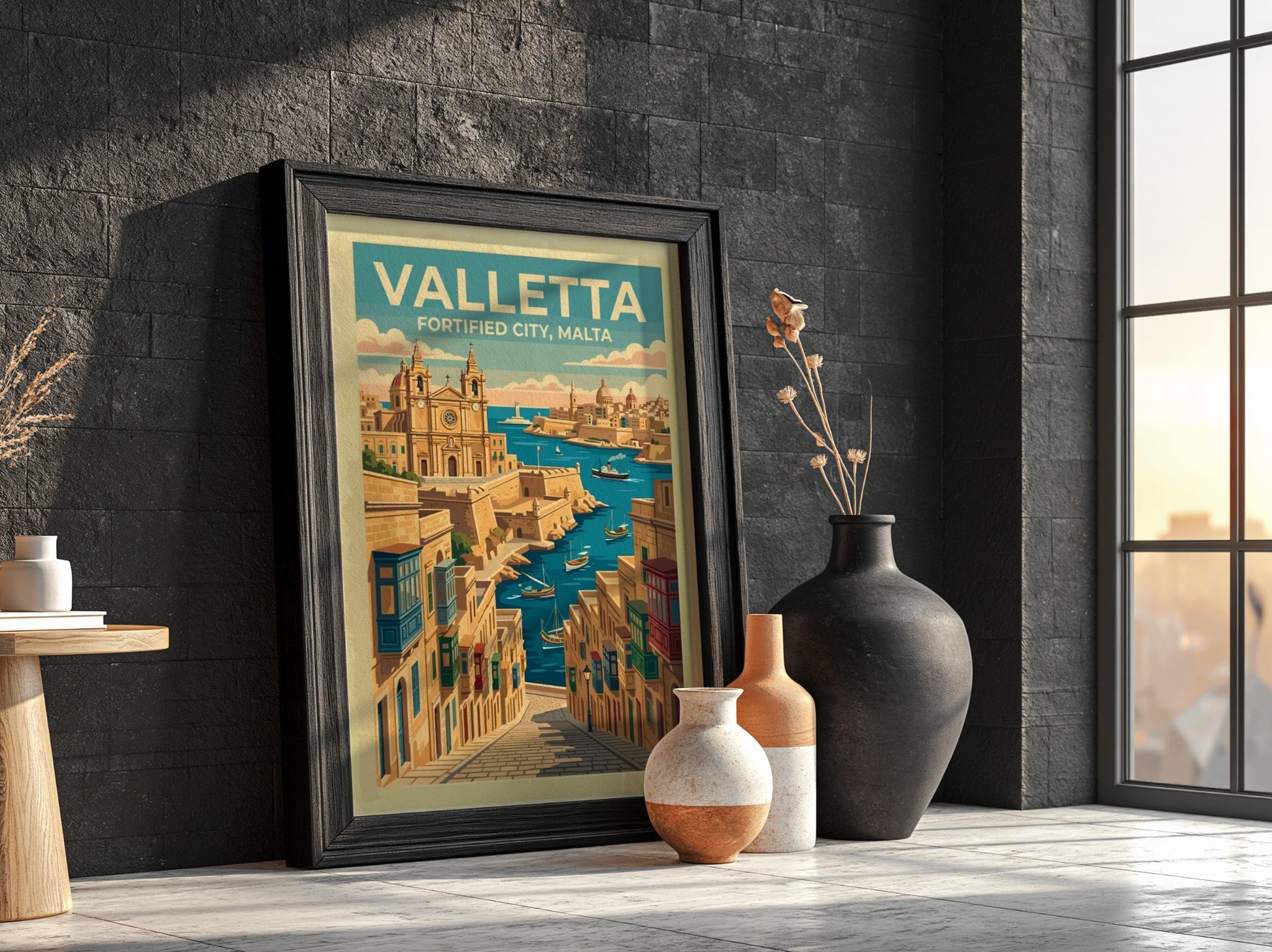Travel poster of Valletta featuring historic stone buildings, wooden balconies, and boats in harbour.