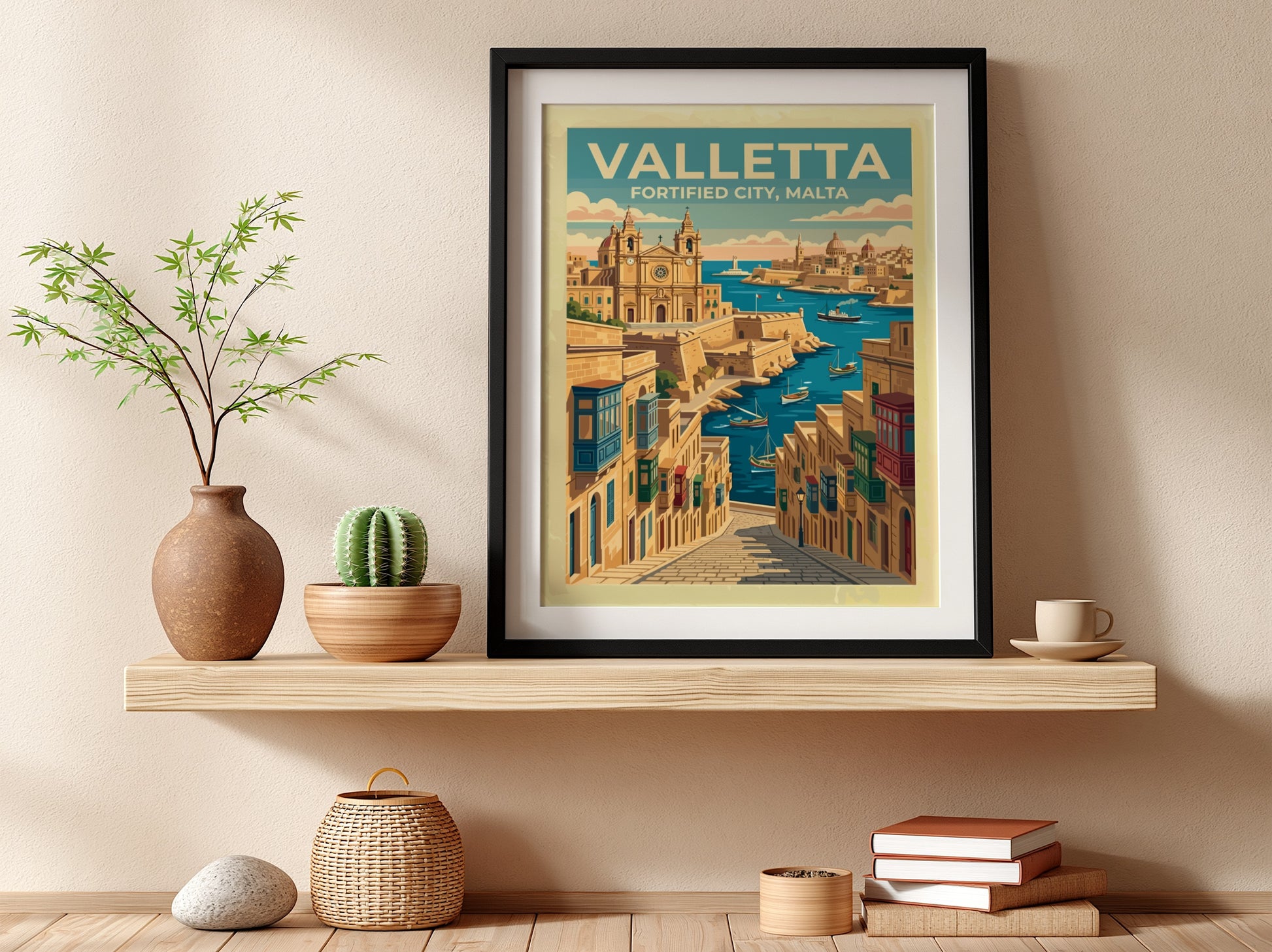 Travel poster of Valletta featuring historic stone buildings, wooden balconies, and boats in harbour.