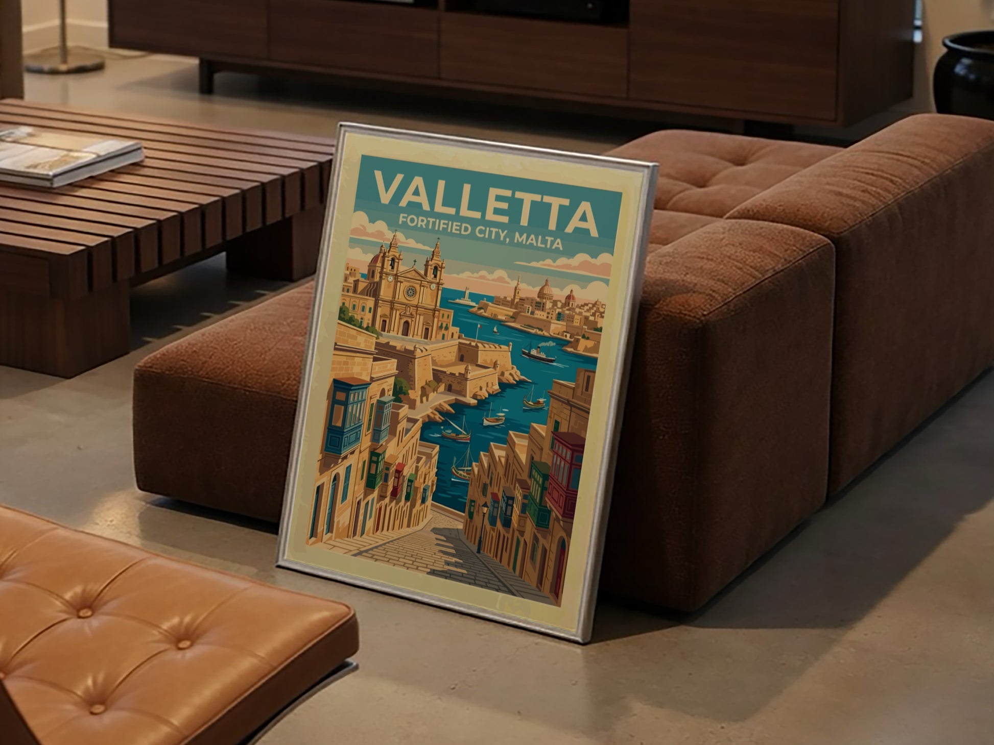 Travel poster of Valletta featuring historic stone buildings, wooden balconies, and boats in harbour.
