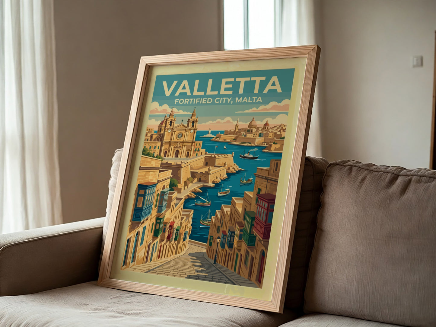 Travel poster of Valletta featuring historic stone buildings, wooden balconies, and boats in harbour.
