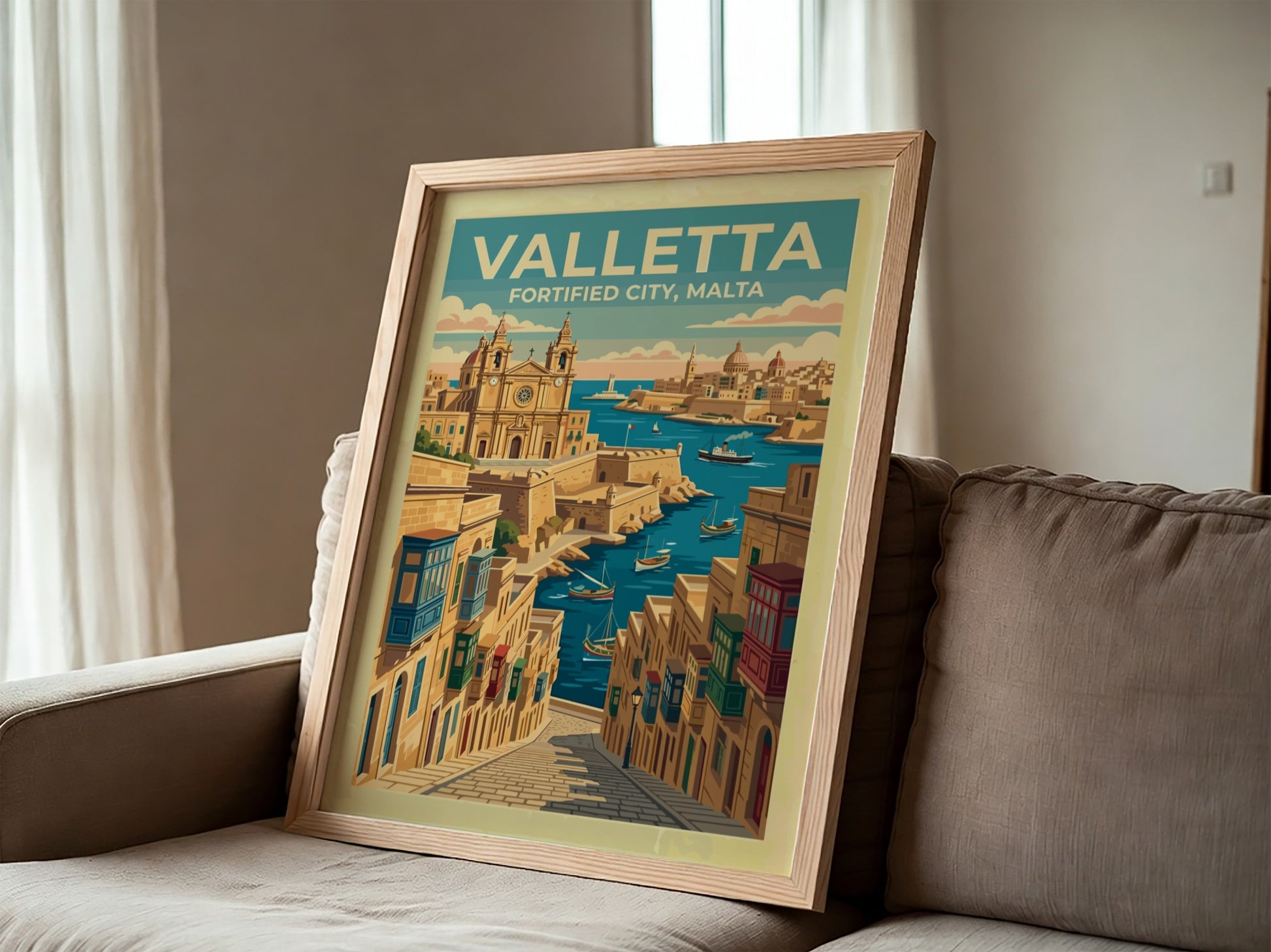 Travel poster of Valletta featuring historic stone buildings, wooden balconies, and boats in harbour.