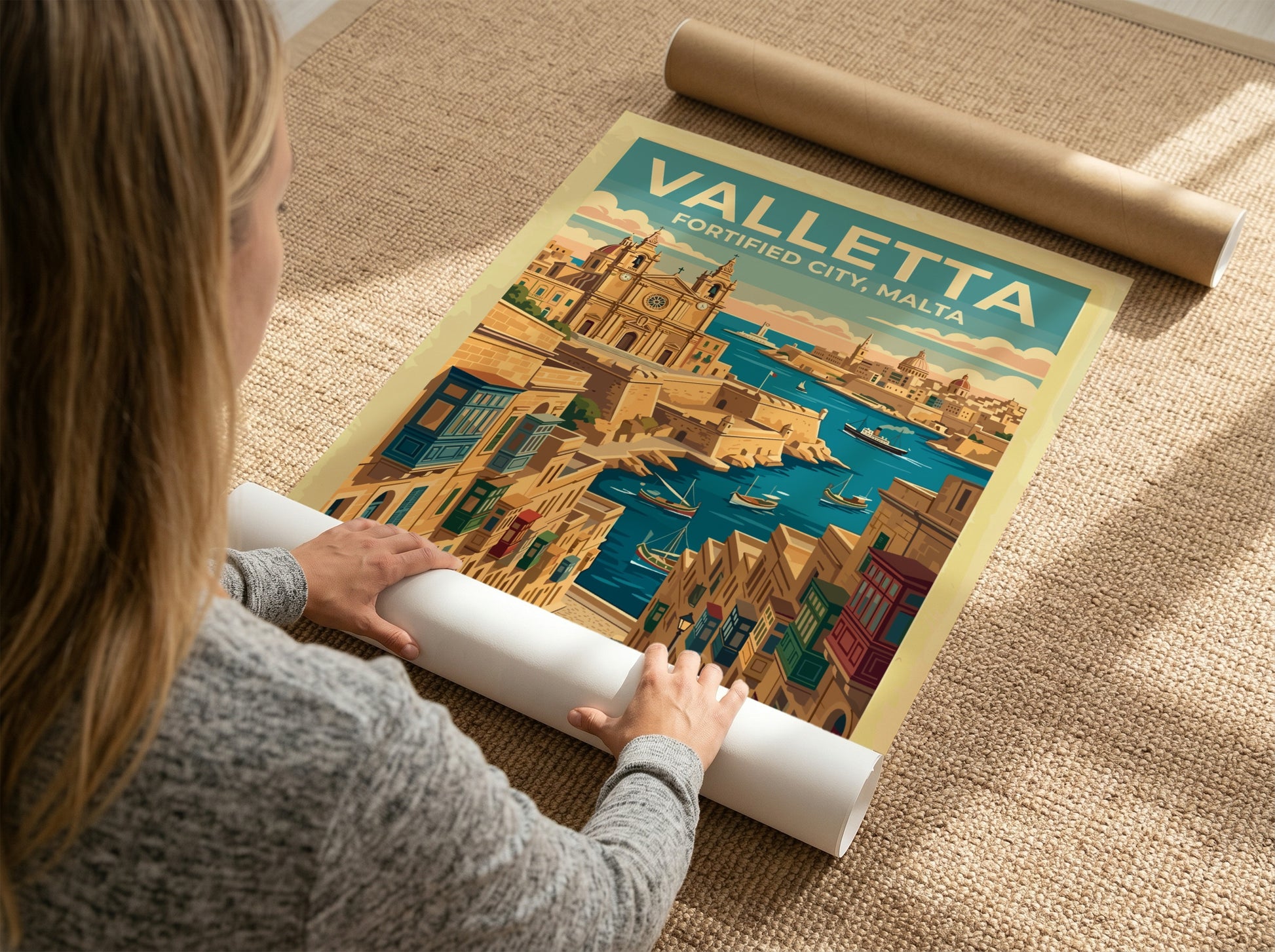 Travel poster of Valletta featuring historic stone buildings, wooden balconies, and boats in harbour.