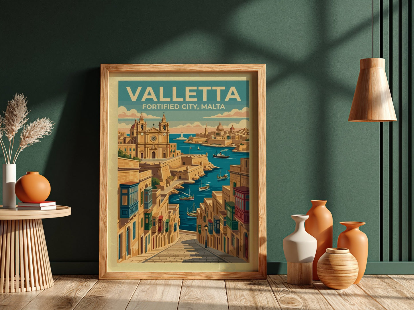 Travel poster of Valletta featuring historic stone buildings, wooden balconies, and boats in harbour.
