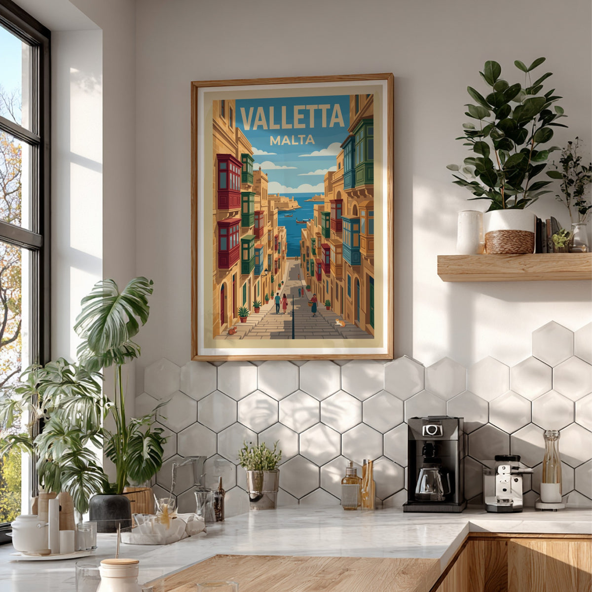 Valletta Malta travel poster featuring colourful wooden balconies on stone buildings near blue water.