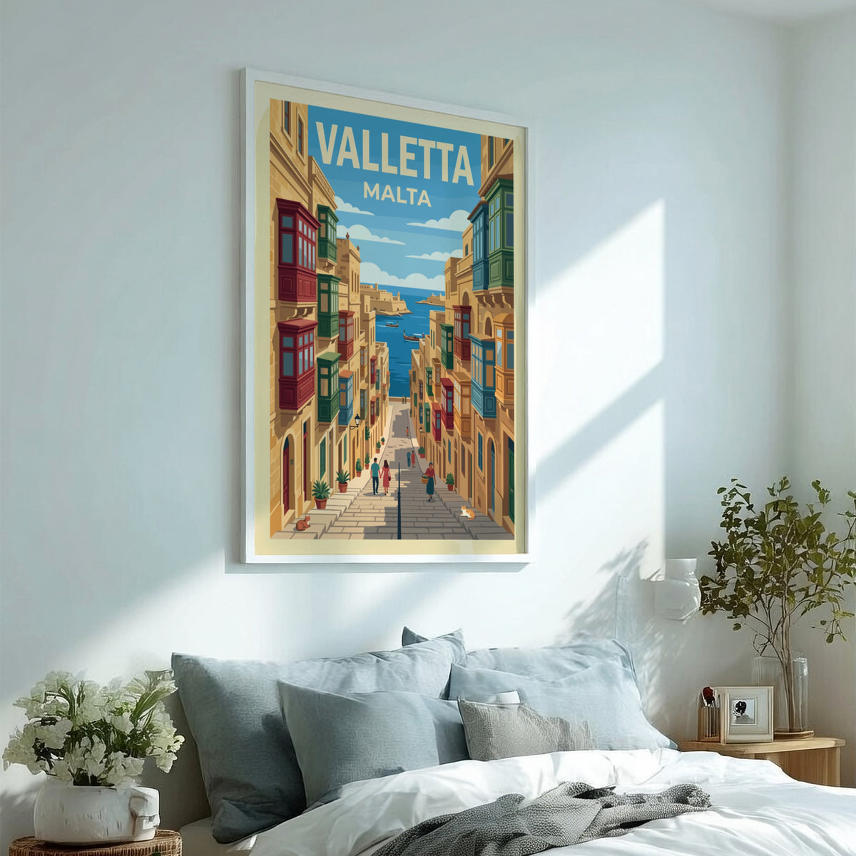 Valletta Malta travel poster featuring colourful wooden balconies on stone buildings near blue water.
