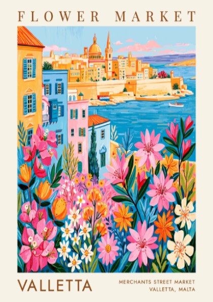 Vibrant travel poster featuring a flower market and Valletta cityscape in colorful style