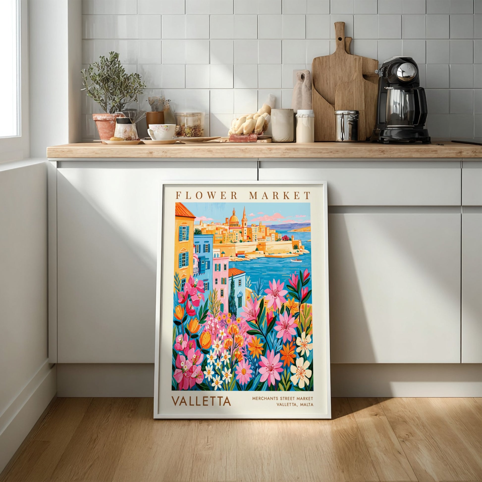 Vibrant travel poster featuring a flower market and Valletta cityscape in colorful style