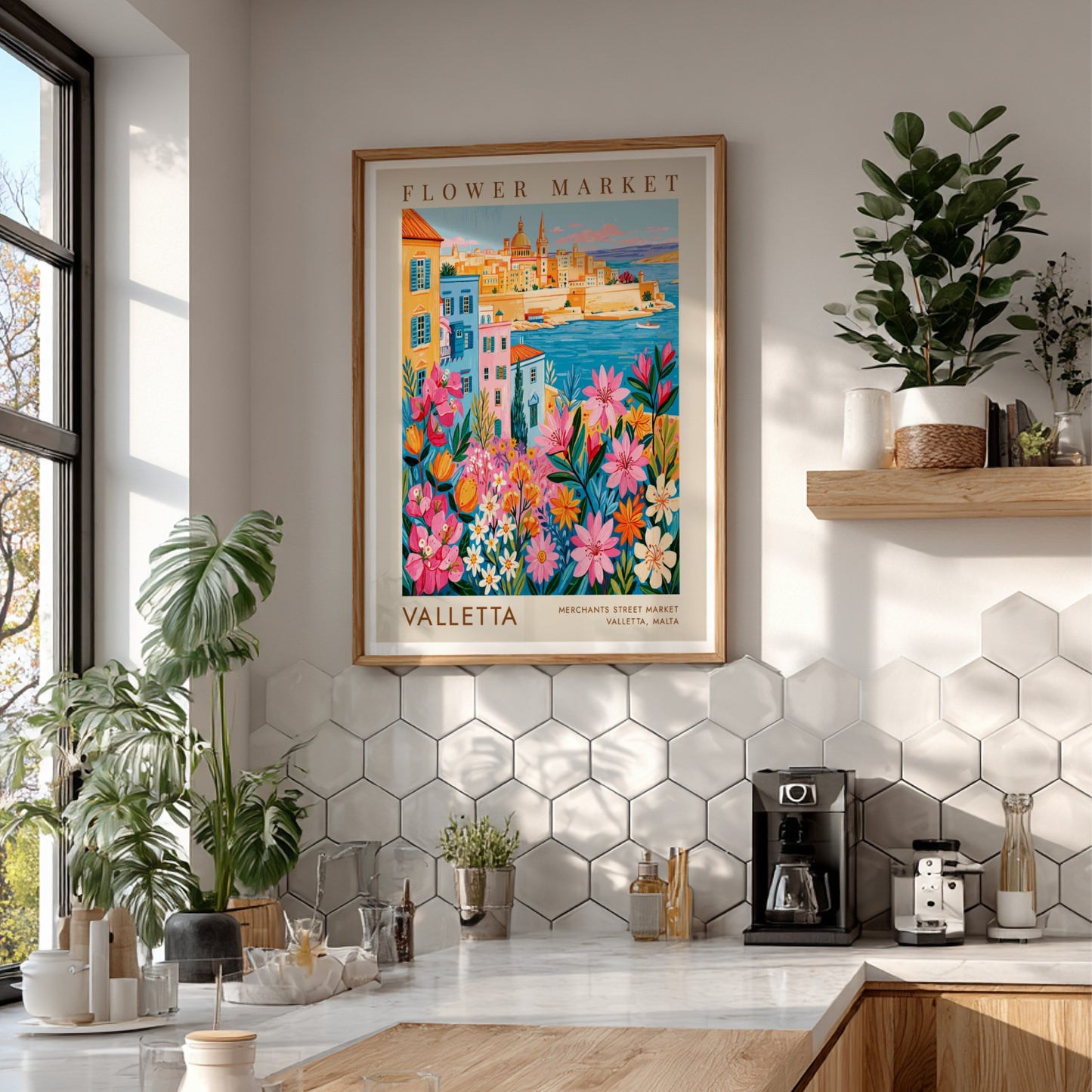Vibrant travel poster featuring a flower market and Valletta cityscape in colorful style
