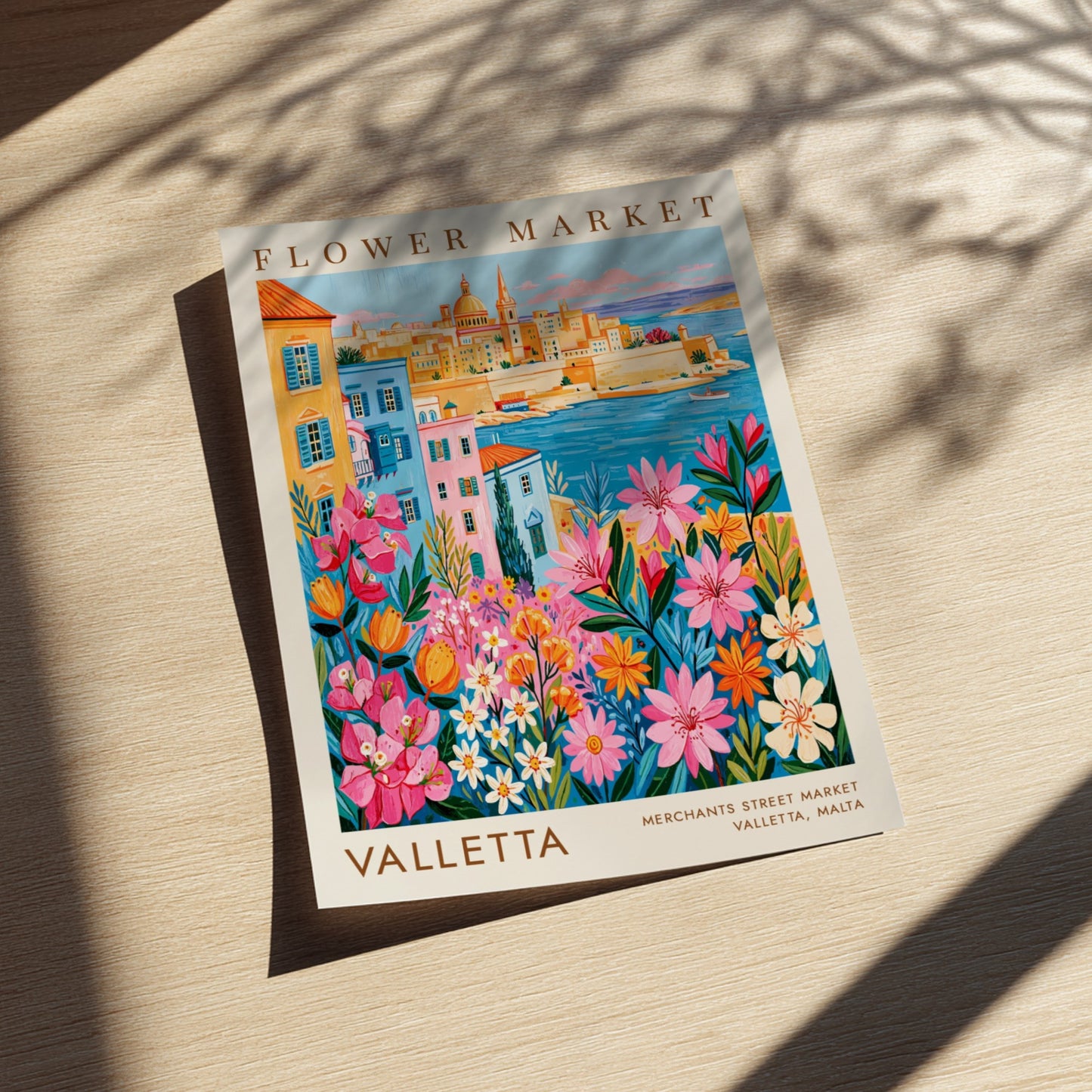 Vibrant travel poster featuring a flower market and Valletta cityscape in colorful style