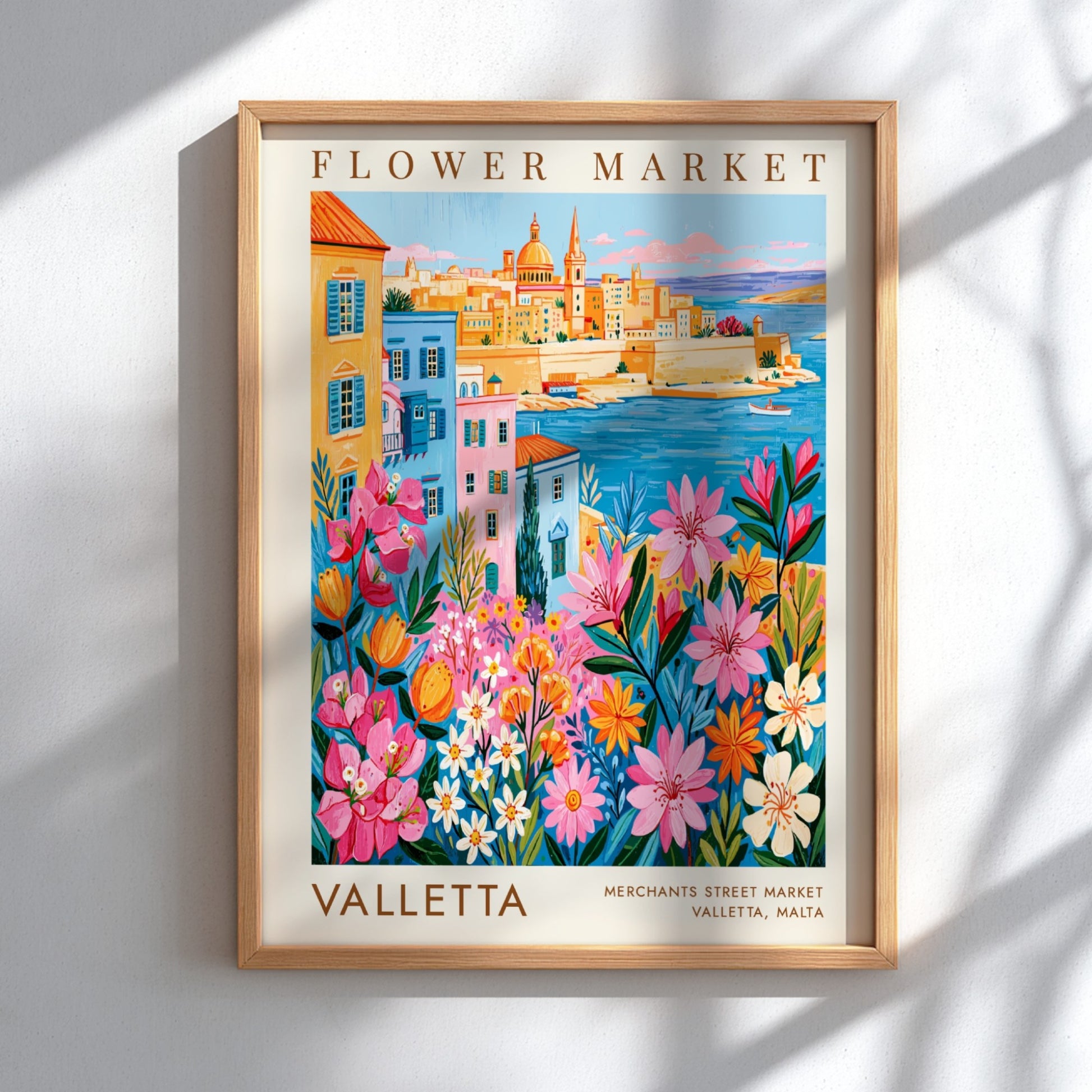 Vibrant travel poster featuring a flower market and Valletta cityscape in colorful style