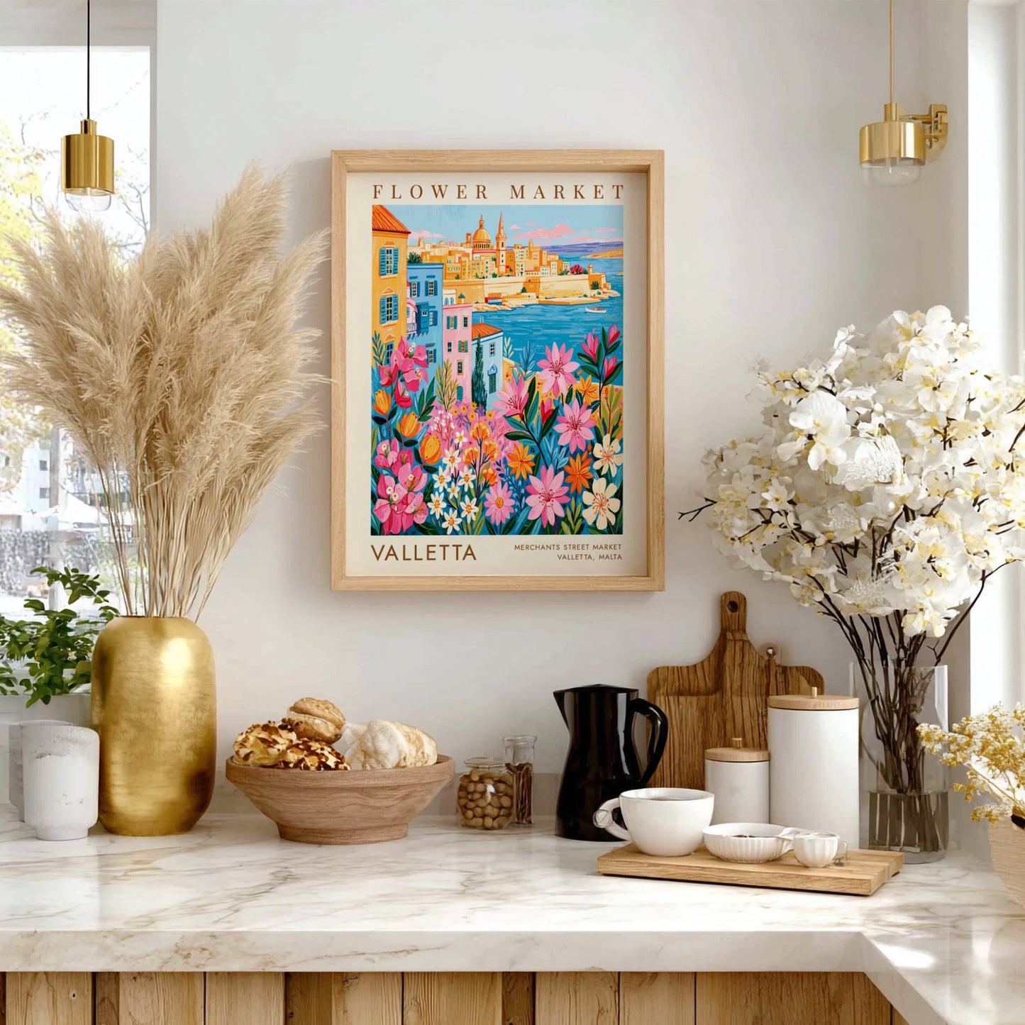 Vibrant travel poster featuring a flower market and Valletta cityscape in colorful style