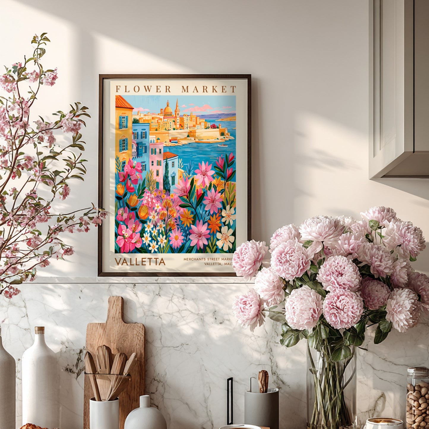 Vibrant travel poster featuring a flower market and Valletta cityscape in colorful style