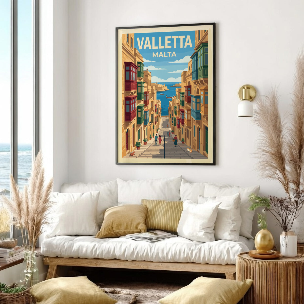 Valletta Malta travel poster featuring colourful wooden balconies on stone buildings near blue water.