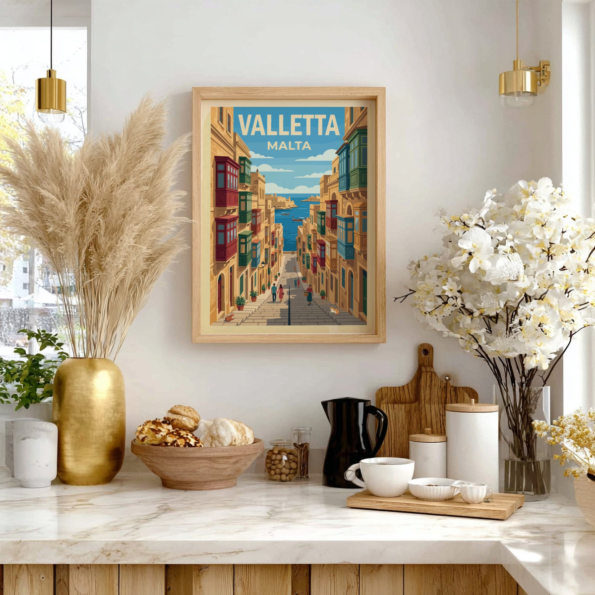 Valletta Malta travel poster featuring colourful wooden balconies on stone buildings near blue water.