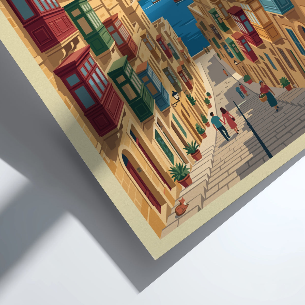 Valletta Malta travel poster featuring colourful wooden balconies on stone buildings near blue water.