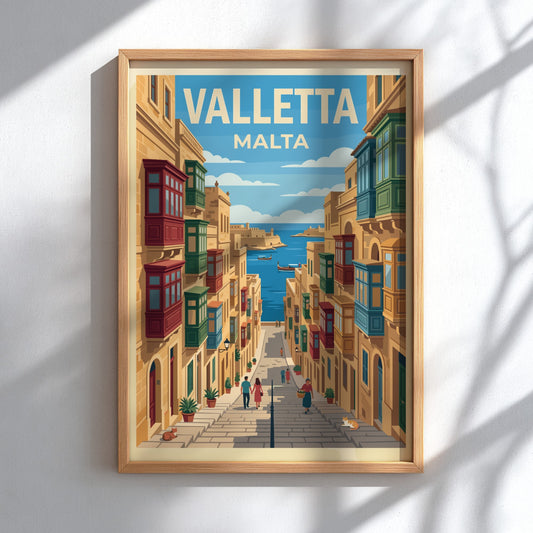 Valletta Malta travel poster featuring colourful wooden balconies on stone buildings near blue water.