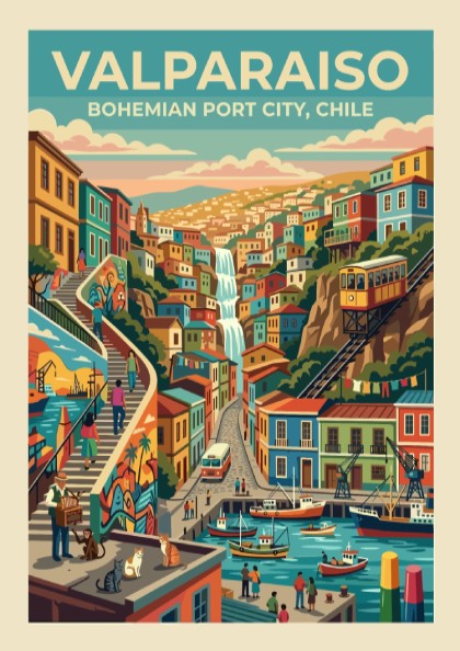 Travel poster of Valparaiso Chile featuring colorful hillside homes a funicular and harbor