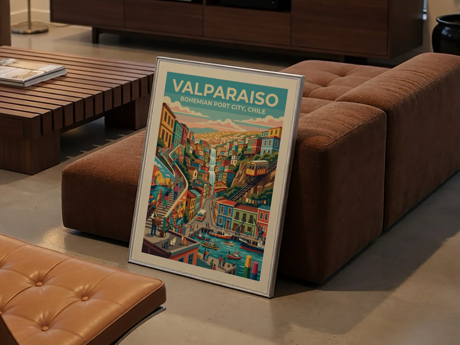 Travel poster of Valparaiso Chile featuring colorful hillside homes a funicular and harbor