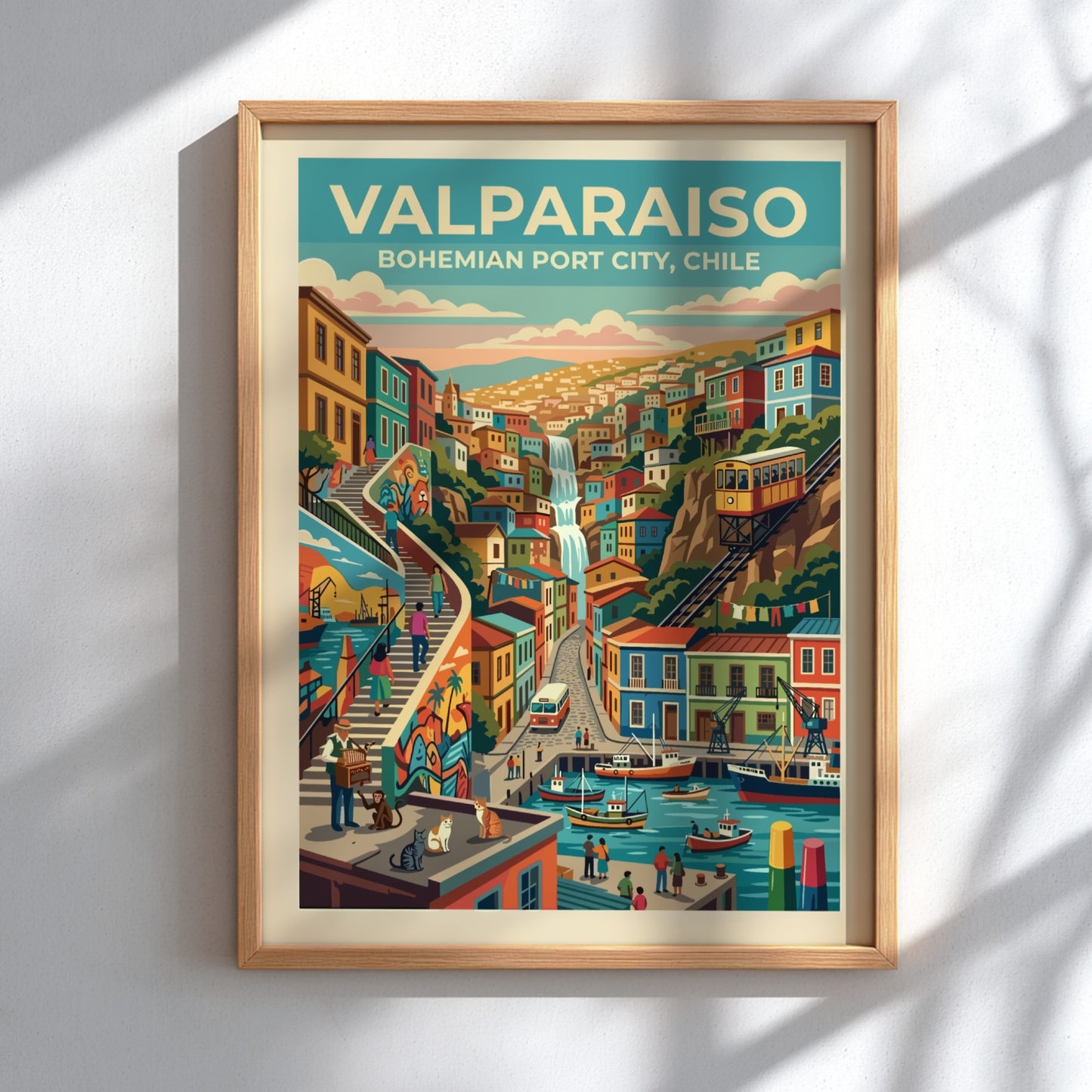 Travel poster of Valparaiso Chile featuring colorful hillside homes a funicular and harbor