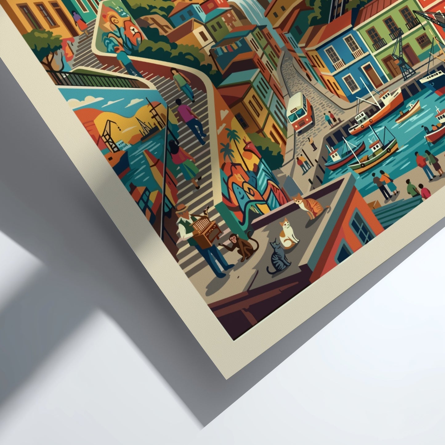 Travel poster of Valparaiso Chile featuring colorful hillside homes a funicular and harbor