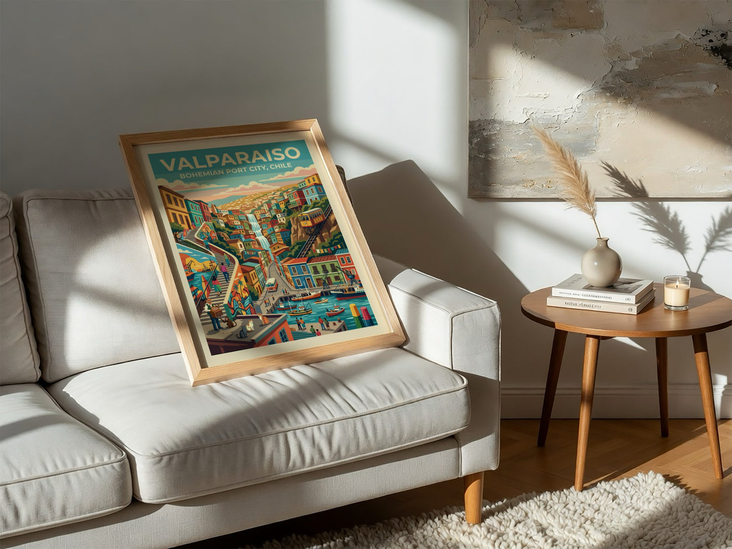 Travel poster of Valparaiso Chile featuring colorful hillside homes a funicular and harbor