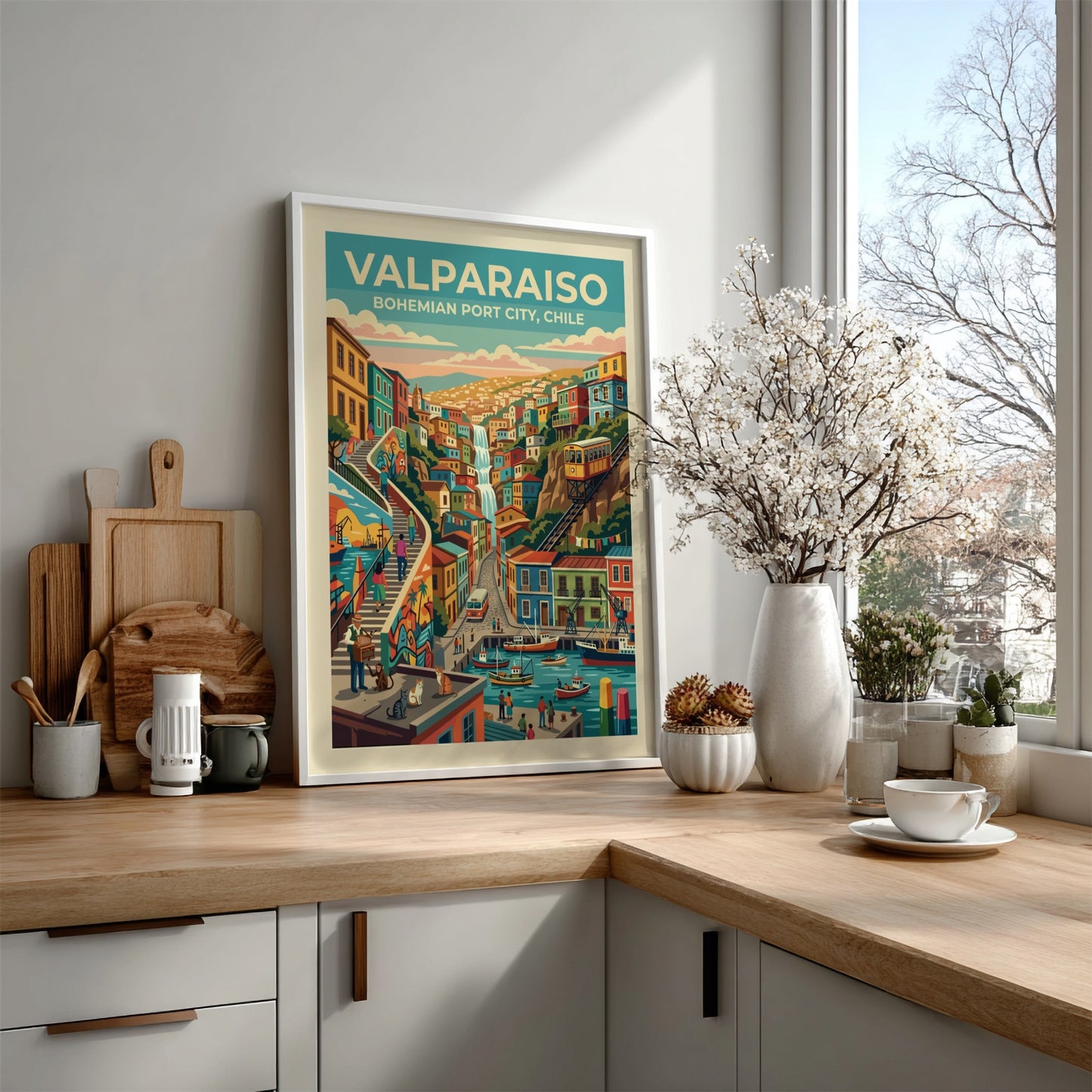 Travel poster of Valparaiso Chile featuring colorful hillside homes a funicular and harbor