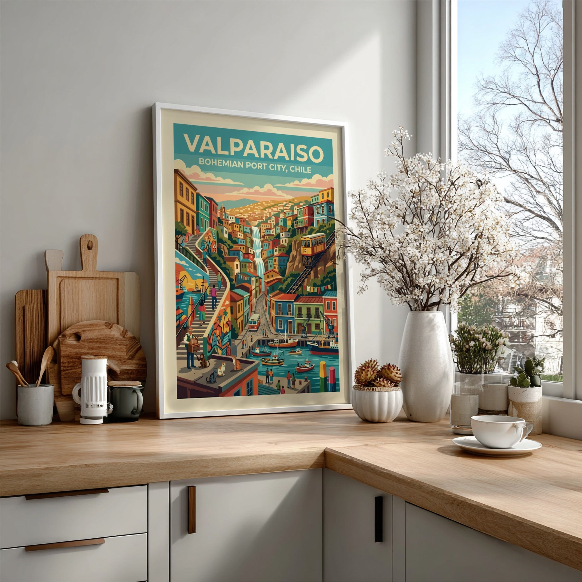 Travel poster of Valparaiso Chile featuring colorful hillside homes a funicular and harbor