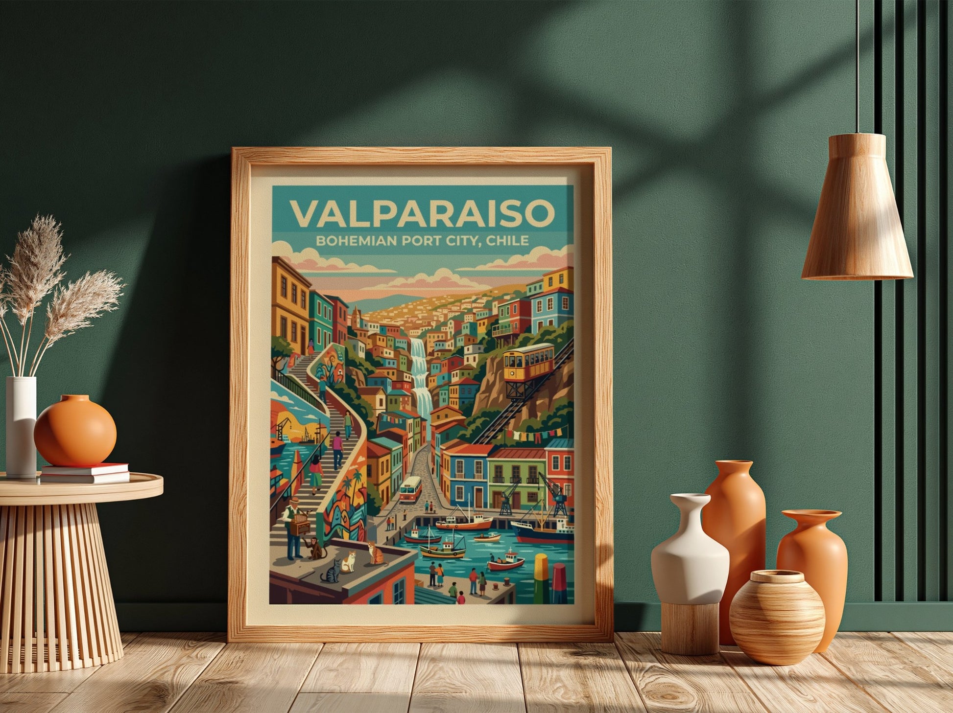 Travel poster of Valparaiso Chile featuring colorful hillside homes a funicular and harbor