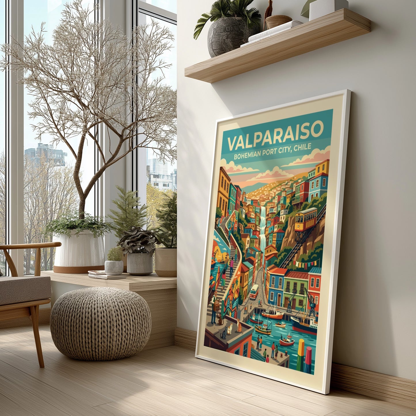 Travel poster of Valparaiso Chile featuring colorful hillside homes a funicular and harbor