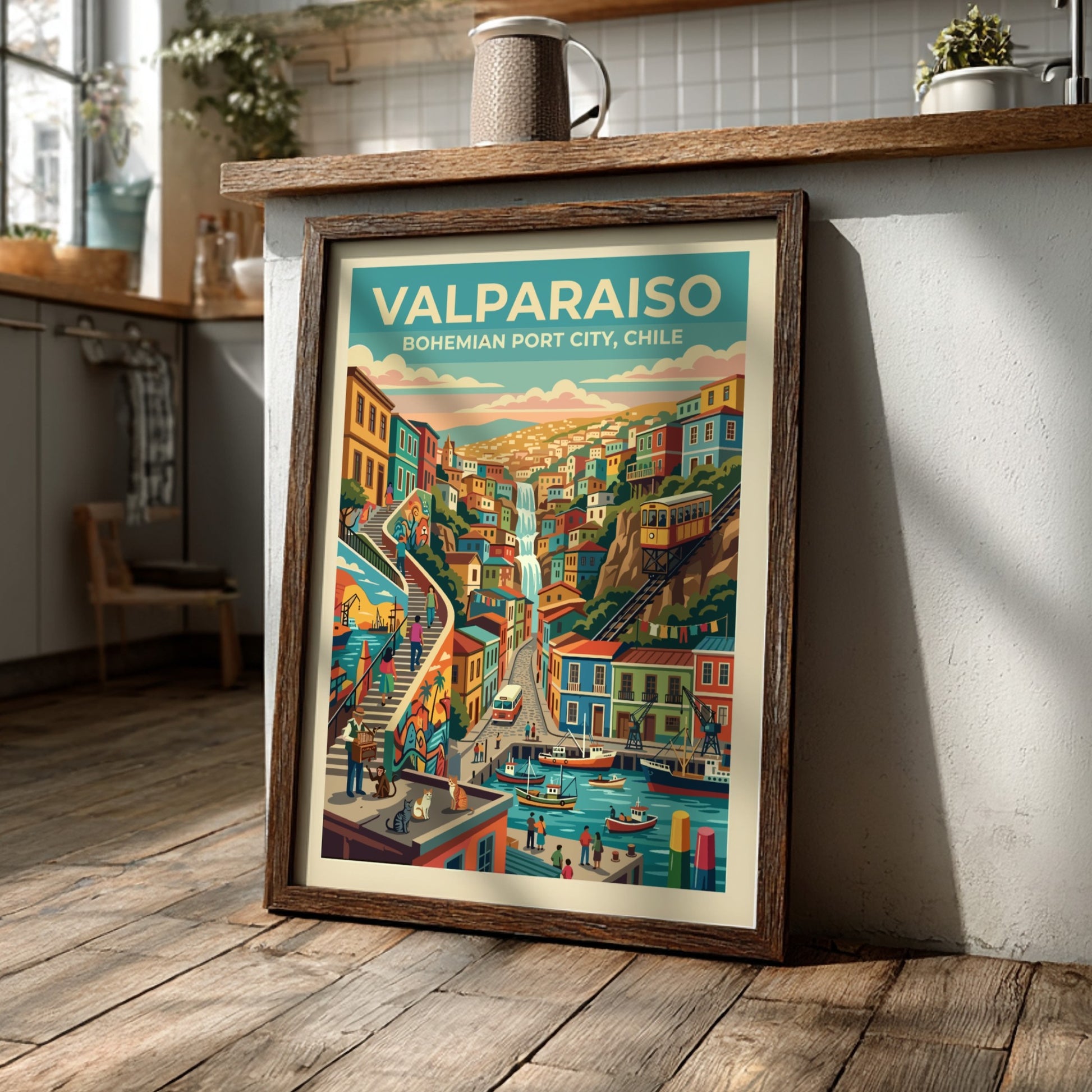 Travel poster of Valparaiso Chile featuring colorful hillside homes a funicular and harbor