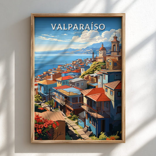Valparaíso Travel Poster – Retro Chile Design - Light Wooden Frame