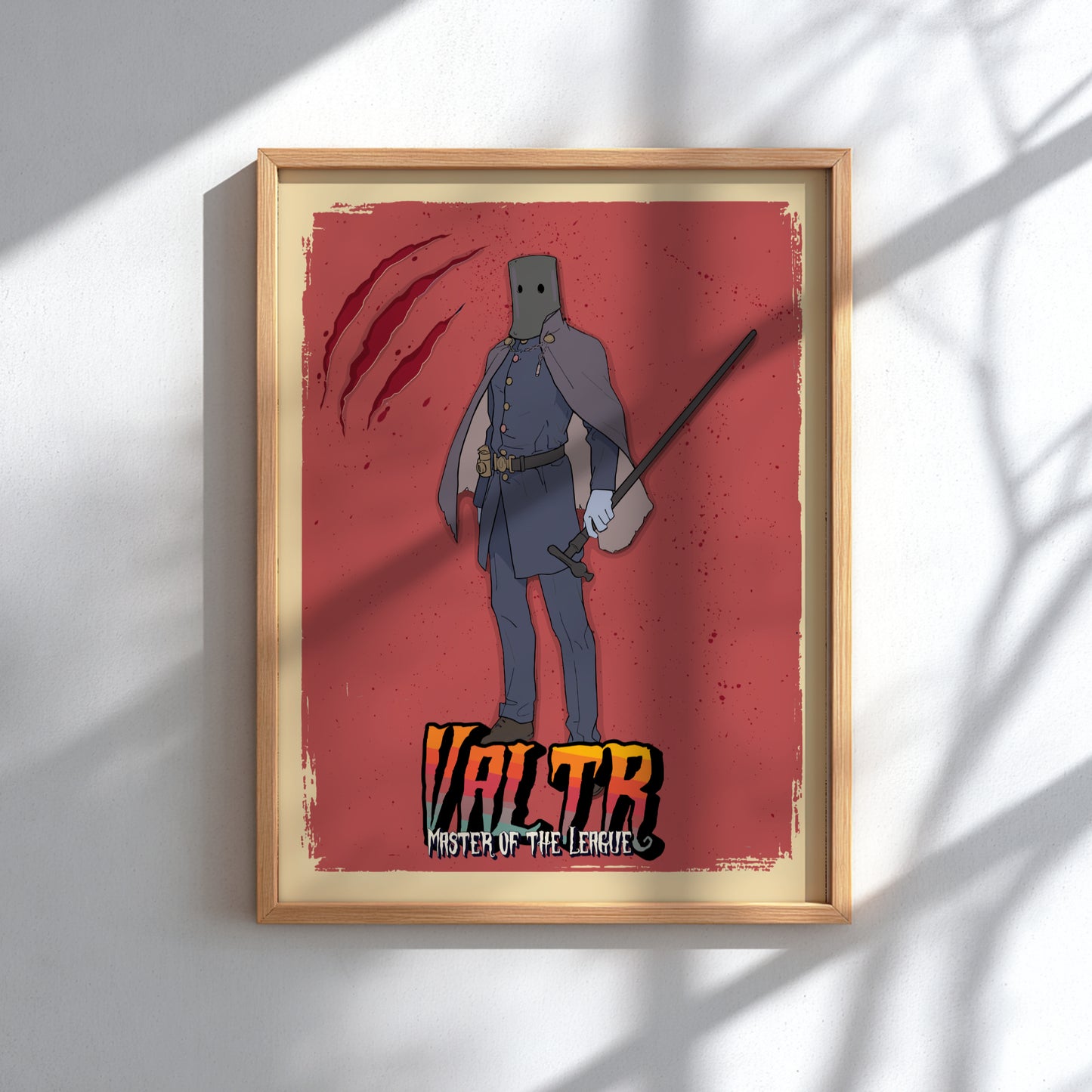 Framed artwork of Valtr from Bloodborne on a red background