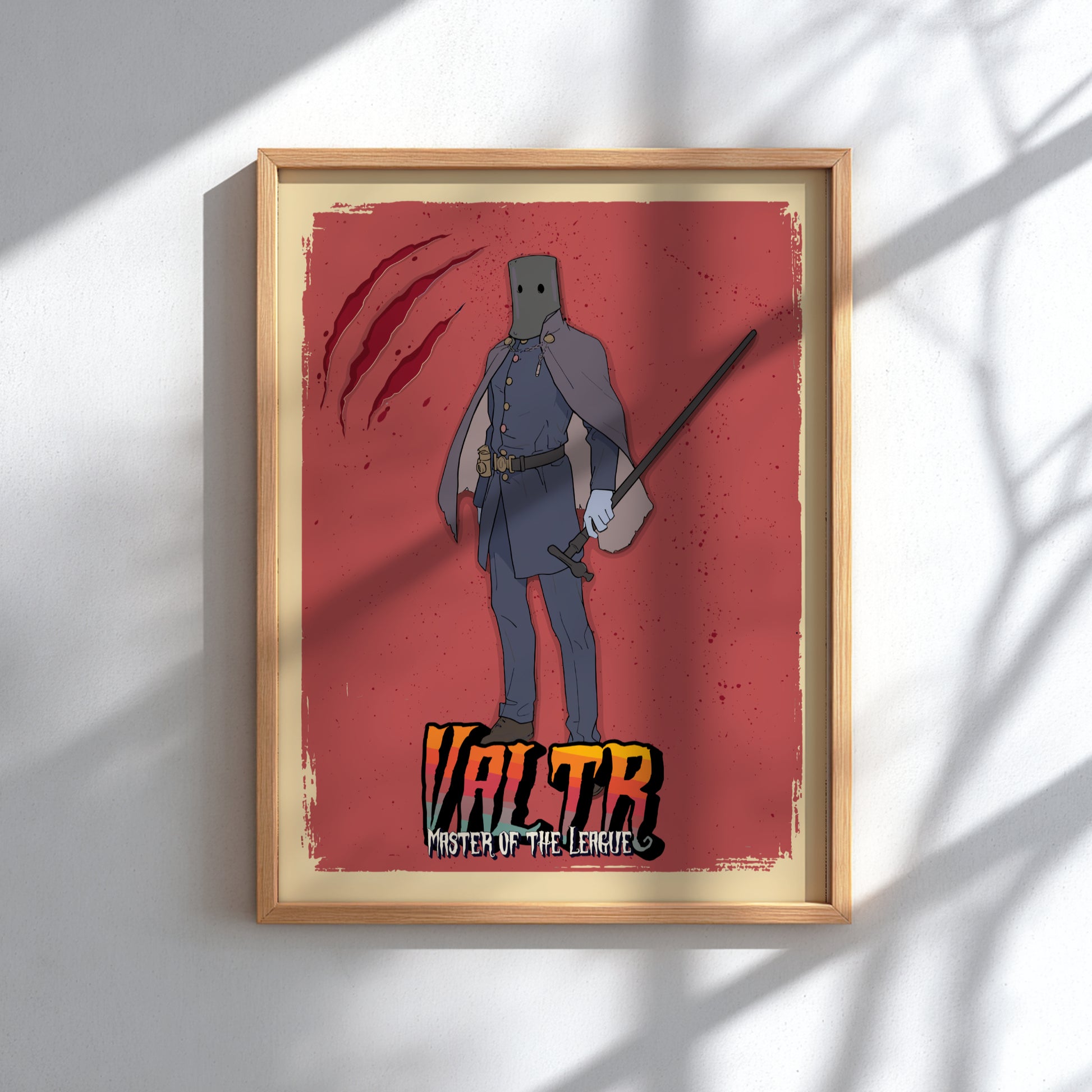 Framed artwork of Valtr from Bloodborne on a red background