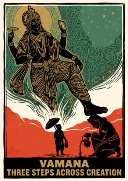 Poster displaying Vamana Three Steps Across Creation with traditional Hindu iconography in green ochre