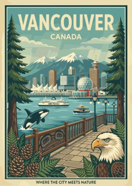 Retro Vancouver Canada travel poster with cityscape, mountains, orca, and bald eagle.