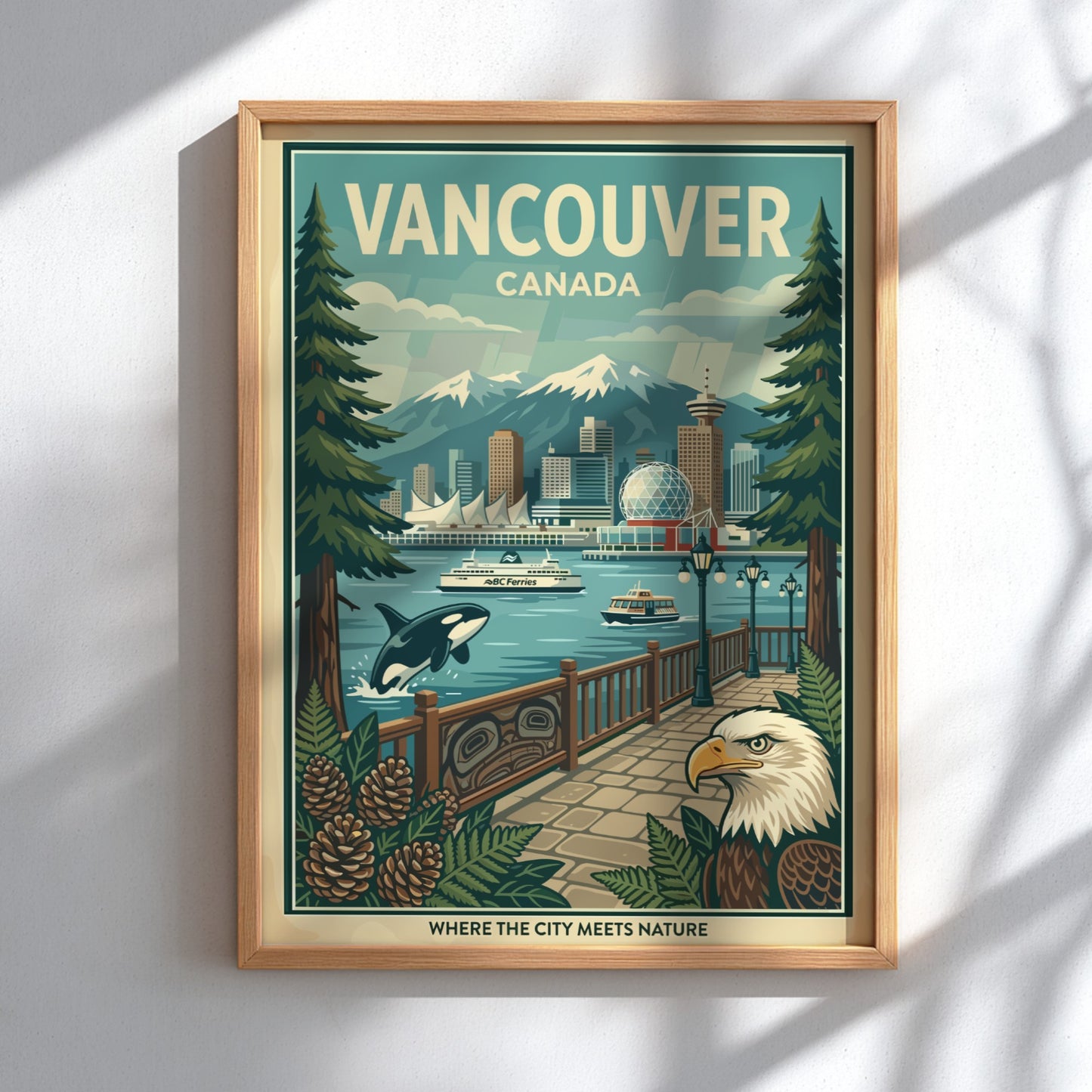 Retro Vancouver Canada travel poster with cityscape, mountains, orca, and bald eagle.