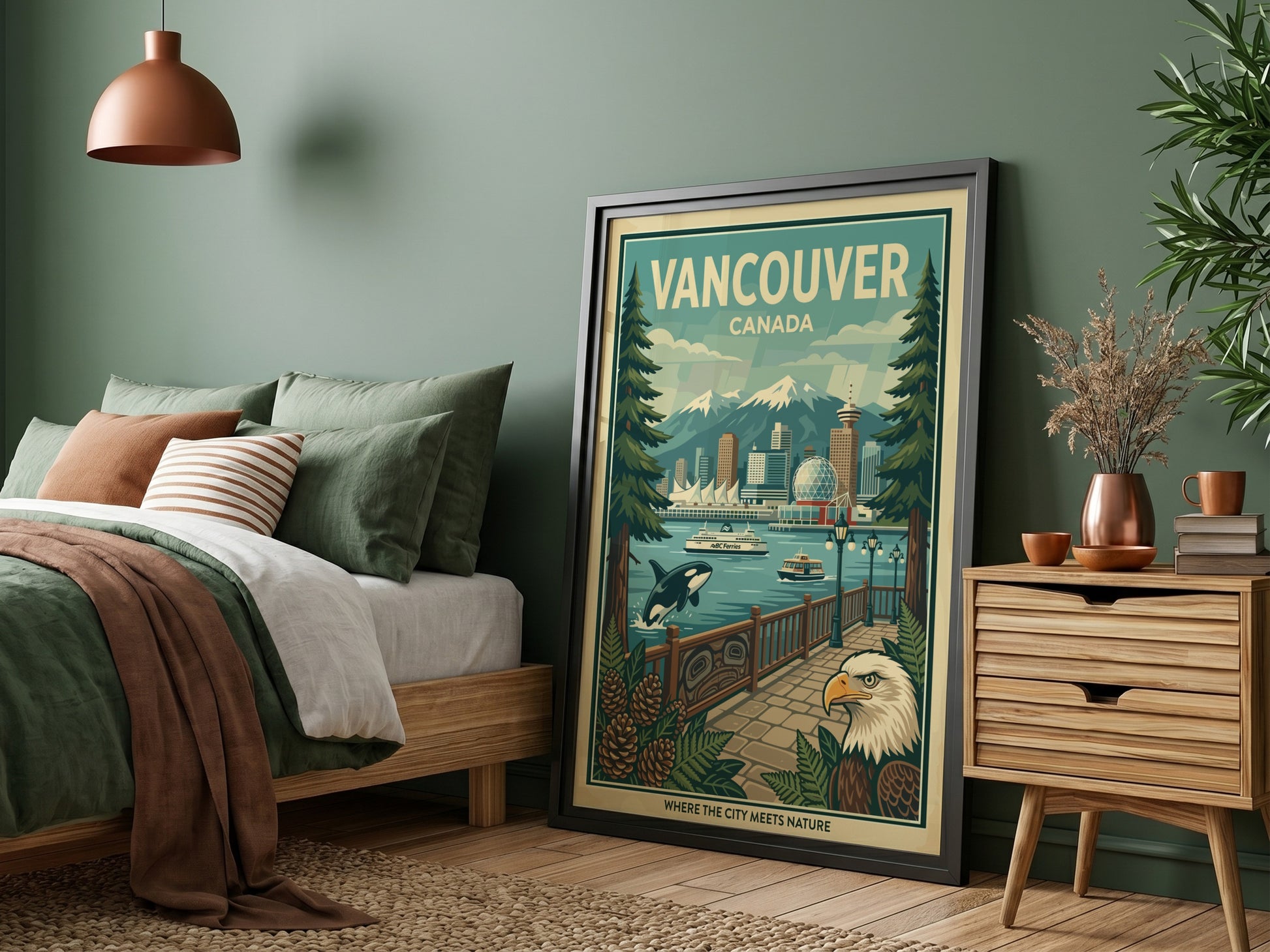 Retro Vancouver Canada travel poster with cityscape, mountains, orca, and bald eagle.