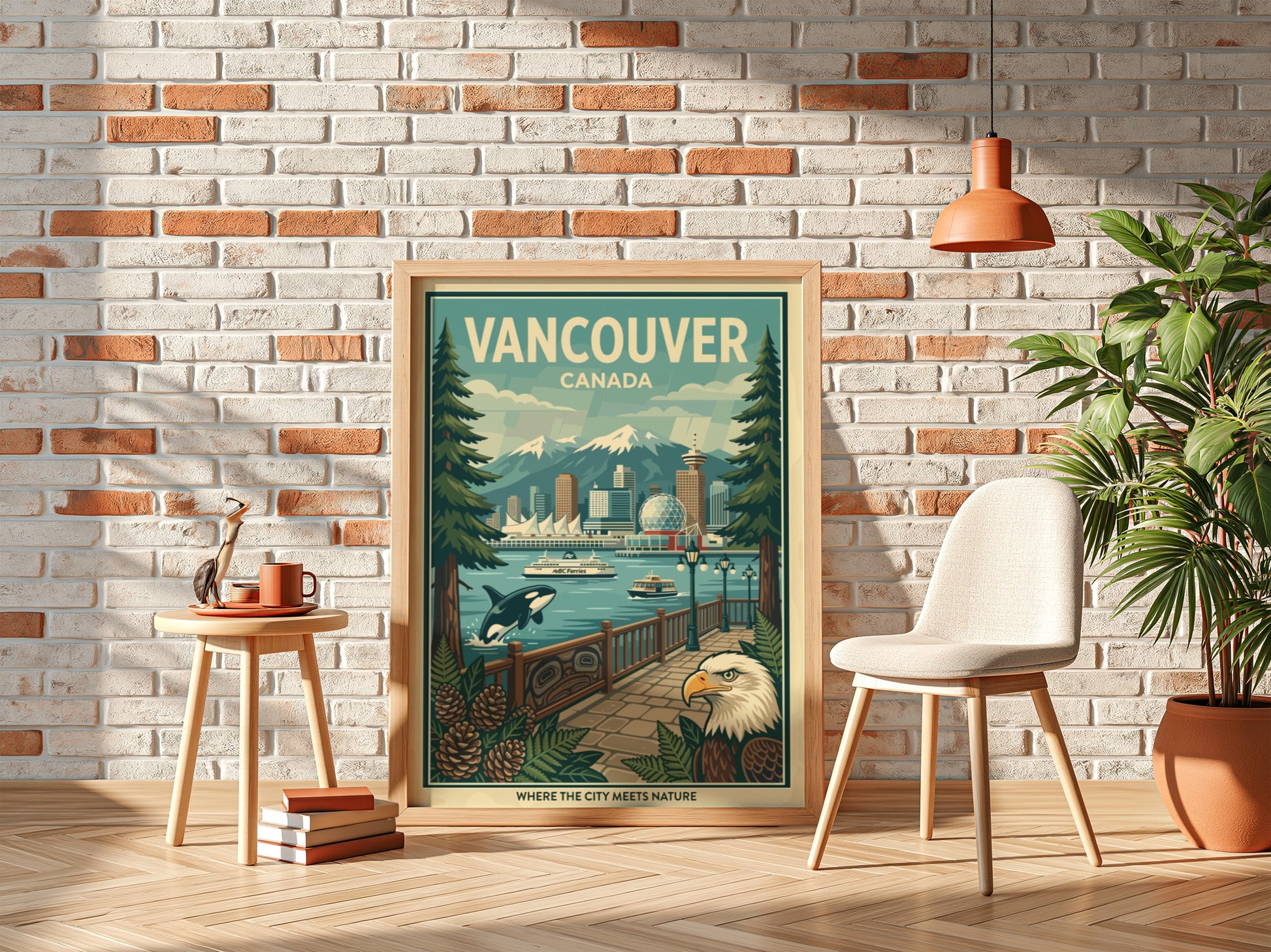 Retro Vancouver Canada travel poster with cityscape, mountains, orca, and bald eagle.