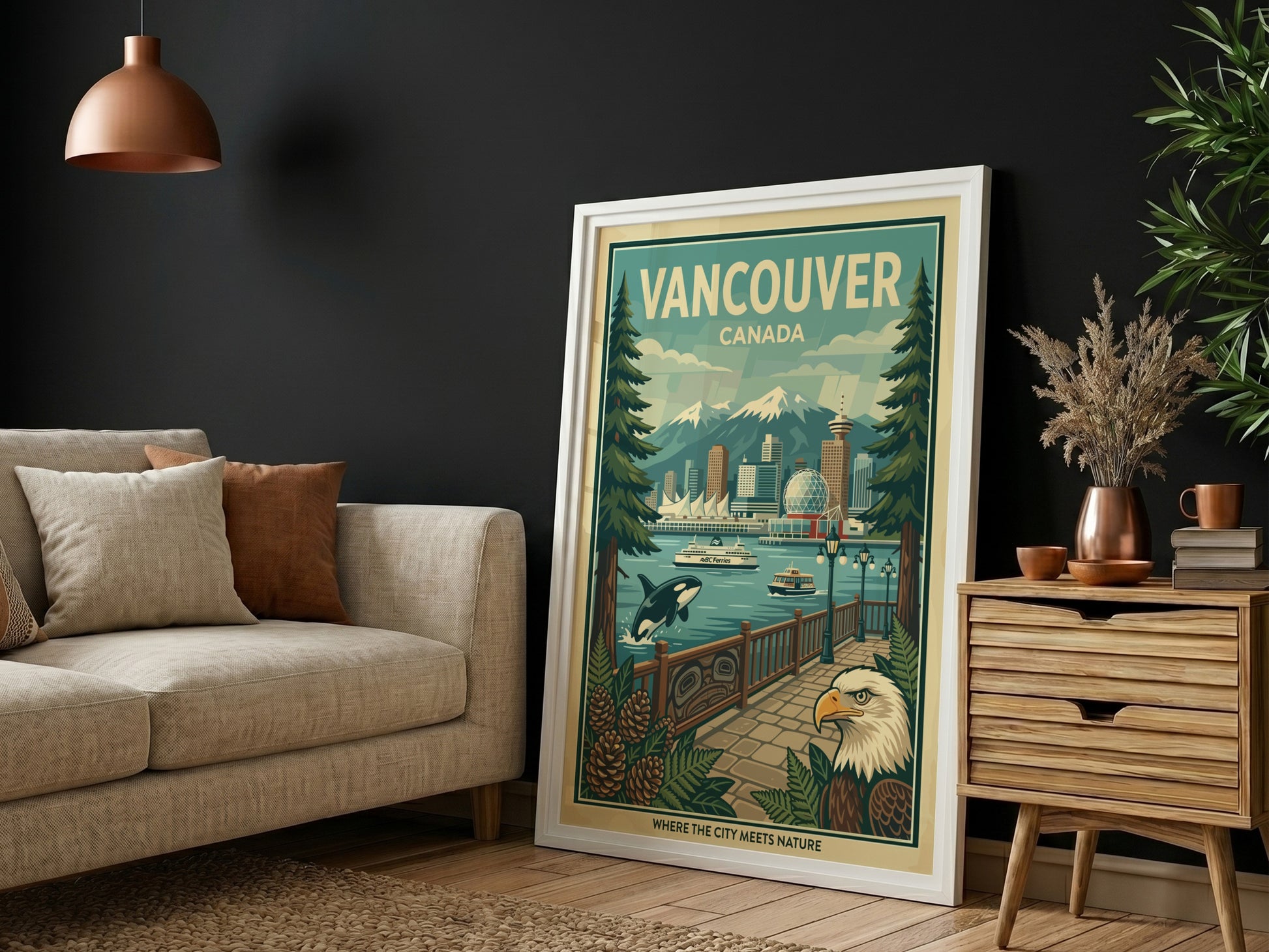 Retro Vancouver Canada travel poster with cityscape, mountains, orca, and bald eagle.