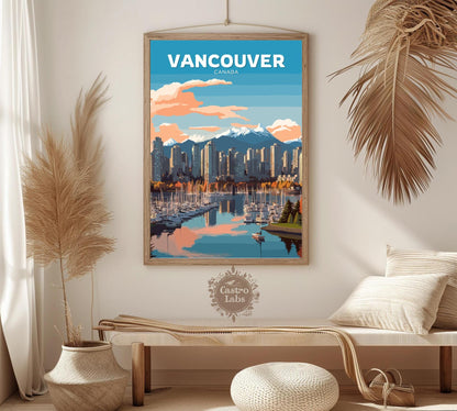 Vancouver Skyline Travel Poster, Vancouver Cityscape Wall Art, Vancouver Photo Print, Canada Artwork, Home Décor, Vancouver Poster