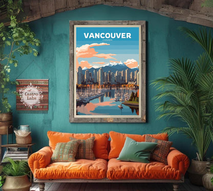 Vancouver Skyline Travel Poster, Vancouver Cityscape Wall Art, Vancouver Photo Print, Canada Artwork, Home Décor, Vancouver Poster