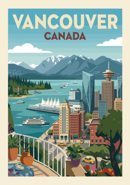 Retro Vancouver skyline travel poster with mountains and harbor, featuring a vibrant color palette.