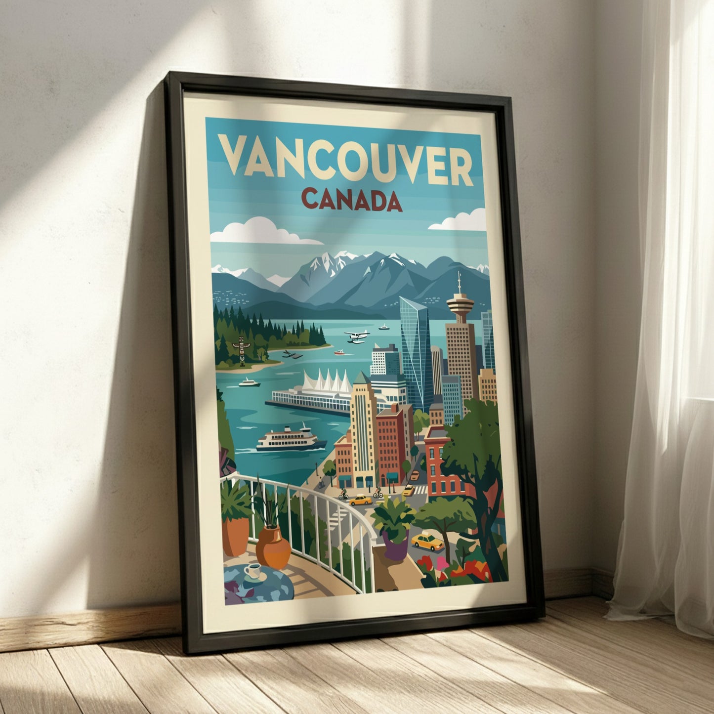 Retro Vancouver skyline travel poster with mountains and harbor, featuring a vibrant color palette.