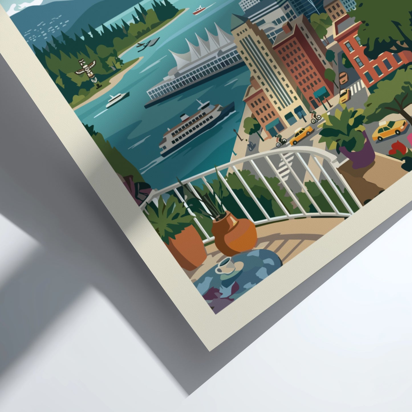 Retro Vancouver skyline travel poster with mountains and harbor, featuring a vibrant color palette.