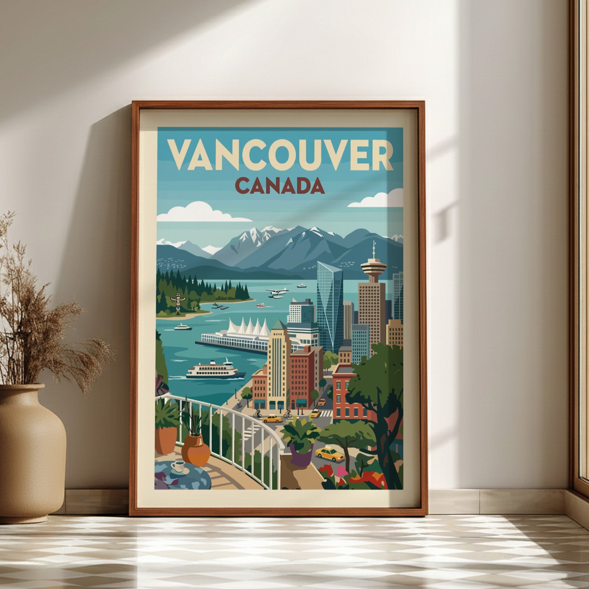 Retro Vancouver skyline travel poster with mountains and harbor, featuring a vibrant color palette.